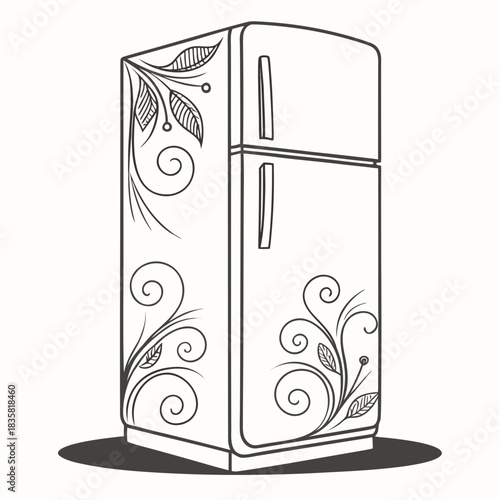 A vintage style refrigerator with elegant floral and swirling vine decorations adorning its surface presented as a clean line art illustration on a neutral background