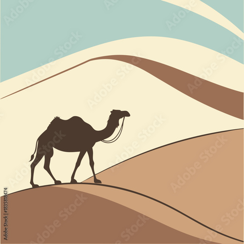 A lone camel walks across rolling sand dunes under a pale blue sky in a stylized desert landscape with a minimalist graphic art style
