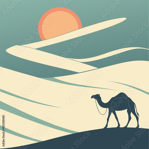A solitary camel walks across vast desert sand dunes under a warm setting sun in a stylized minimalist landscape
