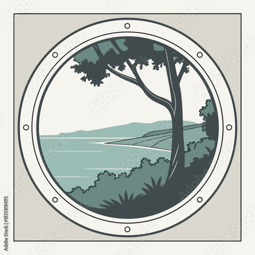 A serene view of a tranquil lake and rolling hills seen through a circular porthole window with a prominent tree in the foreground