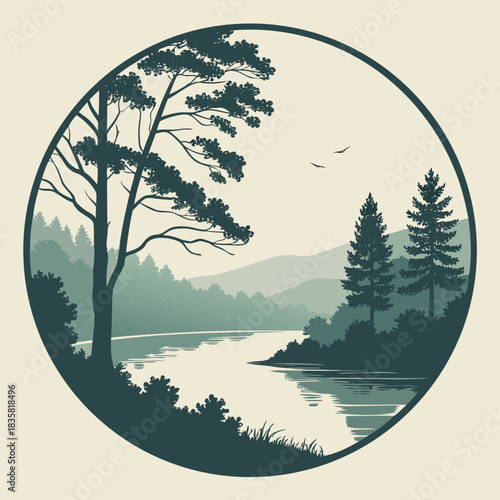Serene circular landscape illustration featuring a tranquil river winding through a dense forest with distant misty mountains and silhouetted trees under a pale sky with two birds flying
