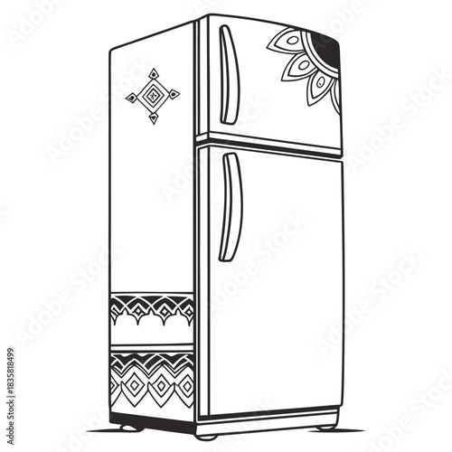 A stylized black and white line drawing of a vintage refrigerator adorned with decorative geometric patterns and a floral motif on its doors and sides isolated on a white background