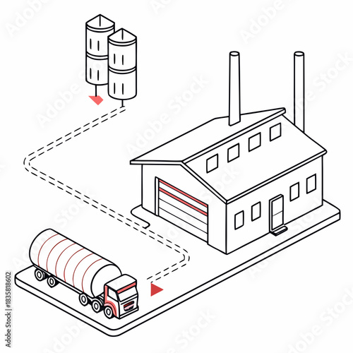 Isometric illustration of a tanker truck delivering materials to a factory with storage silos depicting industrial logistics and supply chain processes