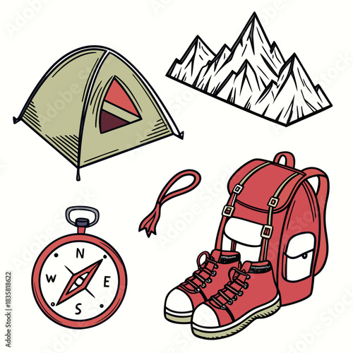 A collection of hand drawn camping and hiking gear including a tent mountains a compass a backpack and hiking shoes on a white background