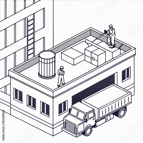Isometric illustration of construction workers on a building rooftop with boxes and a delivery truck at the loading dock depicting urban development and logistics