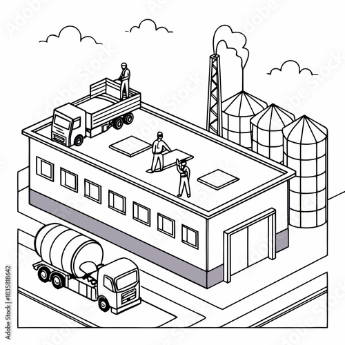 Isometric illustration of a construction site with workers building a factory roof cement mixer truck and silos under a cloudy sky representing industrial development and infrastructure