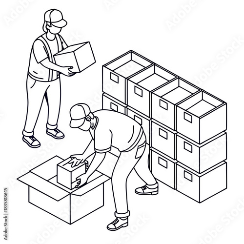Two delivery workers in a warehouse are packing and stacking cardboard boxes illustrating logistics and shipping operations in a clean line art style