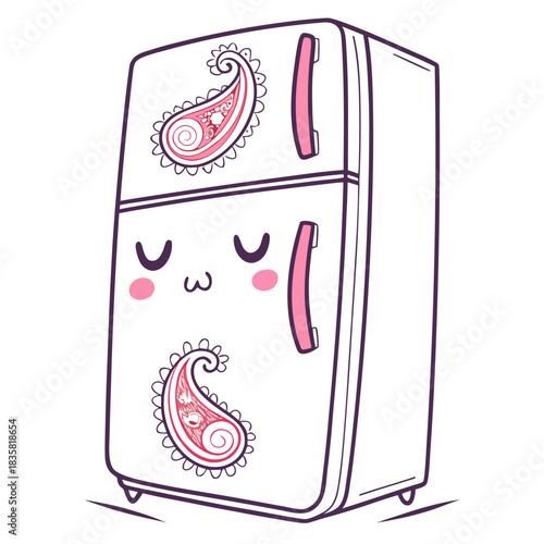 Cute kawaii cartoon refrigerator with closed eyes and blushing cheeks adorned with paisley patterns and pink handles on a white background