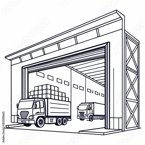 Line art illustration of a large industrial warehouse with an open loading bay door a truck loaded with boxes and another truck inside the facility representing logistics and distribution