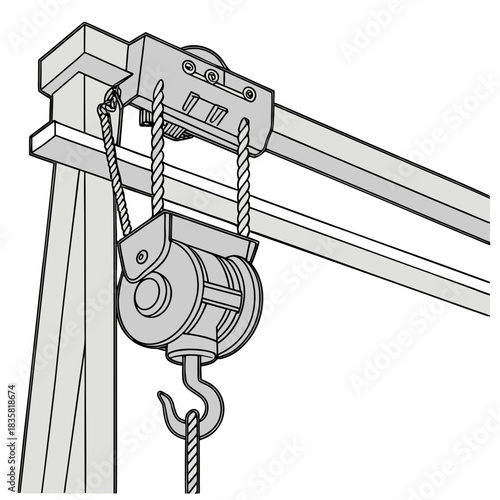 A detailed illustration of a heavy duty industrial pulley system with a hook and rope attached to a metal beam and support structure against a white background