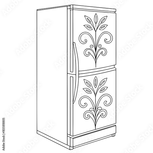 A black and white line drawing of a vintage refrigerator with decorative floral scrollwork on its doors isolated on a white background showing a classic appliance design