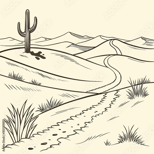 A solitary saguaro cactus stands tall on a sandy dune overlooking a winding path through the arid desert landscape with rolling hills and a clear sky