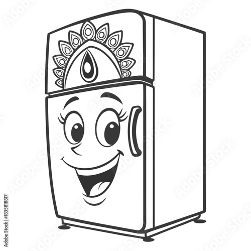 A happy cartoon refrigerator with a decorative design on top and a smiling face with big eyes and eyelashes isolated on white background perfect for children s illustrations and educational content