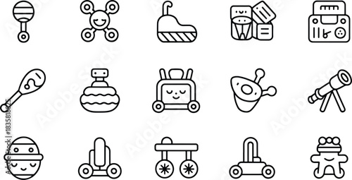 Collection of Cute Toy Icons in Line Art Style