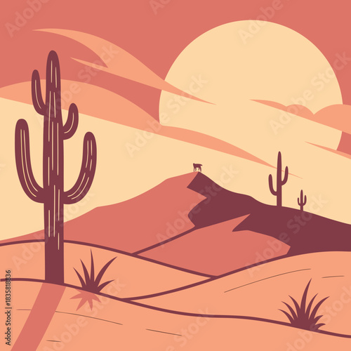 Stylized desert landscape featuring a large saguaro cactus in the foreground rolling hills a distant mountain peak with a lone animal silhouette and a large sun behind wispy clouds