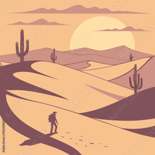 A lone silhouette of a traveler walks across vast desert dunes under a warm setting sun with saguaro cacti dotting the arid landscape