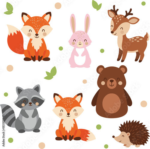 Cute cartoon forest animals including fox rabbit deer bear raccoon hedgehog vector illustration EPS file download.
