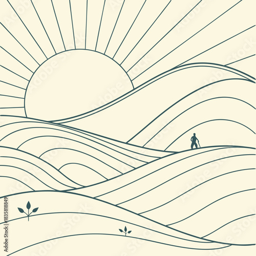 Stylized minimalist illustration of a solitary figure walking across rolling hills under a radiant sun with emanating rays and small plants
