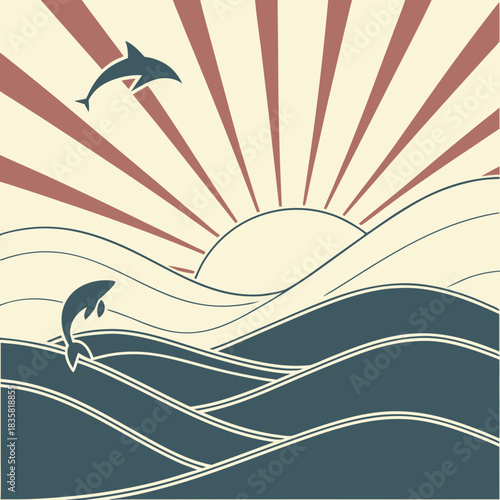 Stylized minimalist illustration of two leaping dolphins in a stylized ocean with a rising sun and radiating sunbeams in a retro art deco aesthetic
