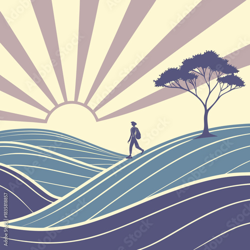 A lone traveler with a backpack walks across rolling hills under a stylized sunrise with radiating sunbeams and a solitary tree