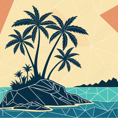 Stylized tropical island with silhouette palm trees and geometric patterns on a light yellow background with orange accents and blue water