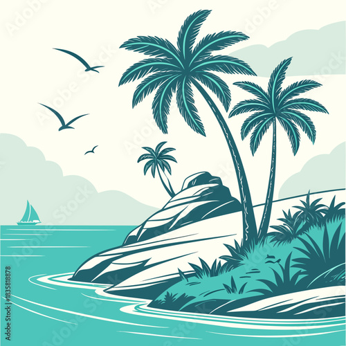 Serene tropical island paradise with lush palm trees rocky shore calm turquoise ocean distant sailboat and soaring seagulls under a cloudy sky