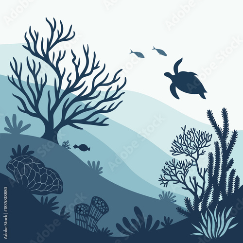 A serene underwater scene with a silhouette of a sea turtle swimming gracefully among colorful coral reefs and small fish in a calm ocean environment