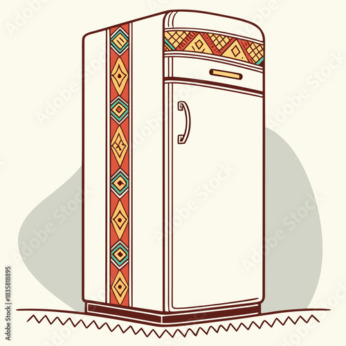 Retro refrigerator with a decorative ethnic tribal geometric pattern on the sides and top in warm earthy tones and teal accents