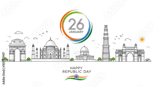 Happy Republic Day Celebration Outline Vector Illustration Showing Famous Indian Monuments Like India Gate Taj Mahal Qutub Minar With Tricolor 26 January Graphic And Waving Flag Icon