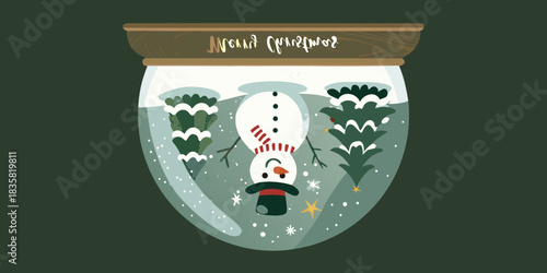 Upside down snowman in snow globe with christmas trees and snowflakes