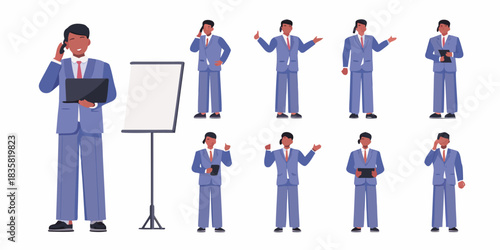 Diverse businessman poses and actions in blue suit illustration