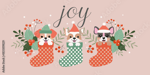 Festive christmas joy with adorable dogs in stockings illustration