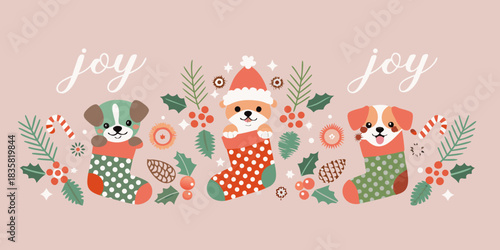 Festive christmas illustration with cute dogs in stockings and holiday decorations