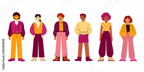 Diverse group of stylish young people standing together in fashionable outfits