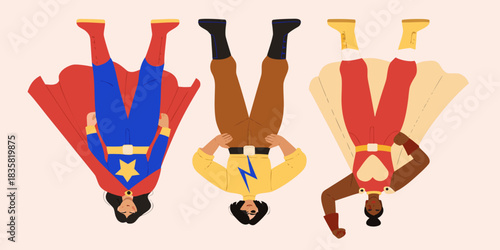 Diverse group of female superheroes flying upside down together