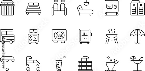 Icons depicting hotel service symbols black and white