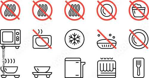 Kitchen Appliances and Restrictions Icon Set Black and White