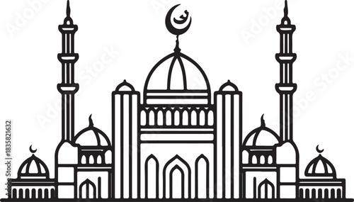 Minimal silhouette style vector Medina logo design featuring clean black shapes, elegant Islamic architectural elements, simple line art, modern spiritual branding icon ideal for cultural projects, re