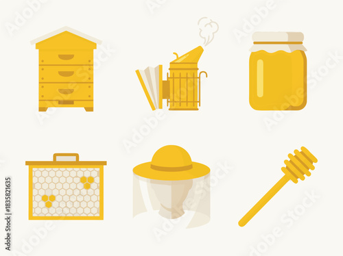 Beekeeping Equipment and Honey Production Vector Illustration.