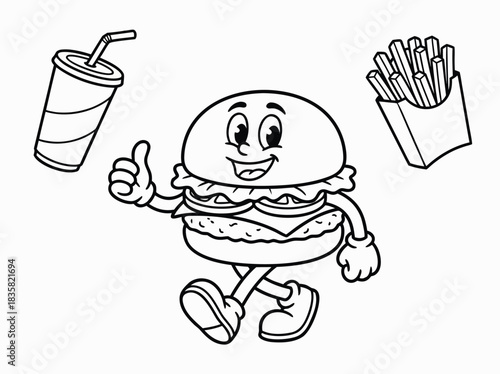 Cartoon Burger Character with Fries and Drink.