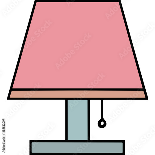 Simple illustration of a desk lamp with a pink lampshade and a light blue base on a black background featuring a pull chain for illumination and a minimalist aesthetic