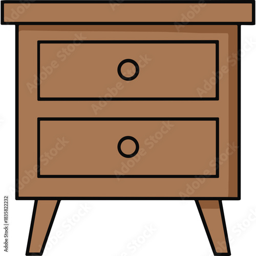 Simple brown wooden two-drawer nightstand with tapered legs and round knobs on a black background clean illustration