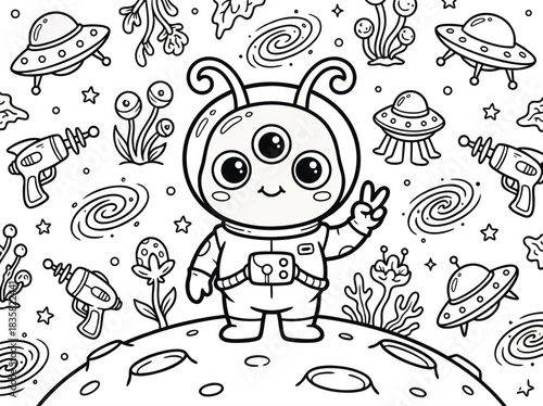 Cute Alien Astronaut Coloring Page for Kids.