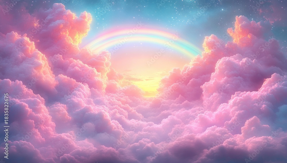 Fototapeta premium Vibrant pastel pink clouds surrounding a glowing sunrise or sunset with a bright rainbow arching over a dreamy starry sky
