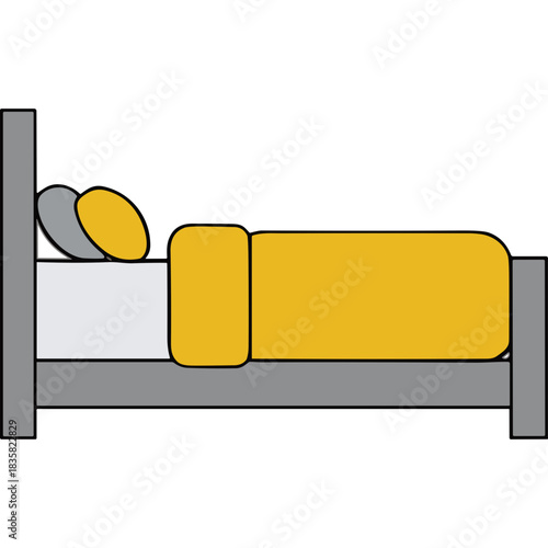 Simple Illustration of a Bed with Yellow and Grey Bedding Against a Black Background