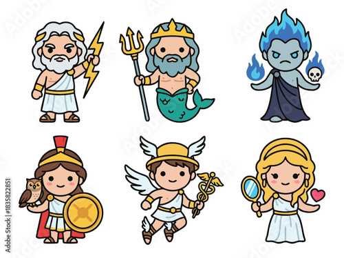 Cute Cartoon Greek Gods and Goddesses Illustration.