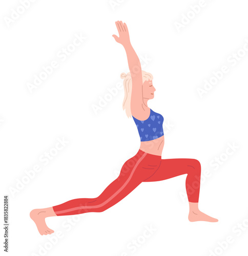 Woman do yoga or Pilates exercises cartoon vector illustration. Young girl in bright clothes doing fitness workout, stretching, meditation, yoga class sport training. Healthy wellness lifestyle