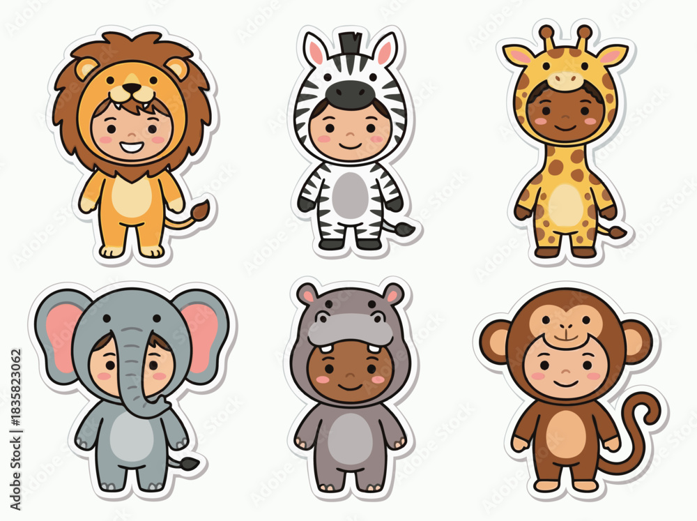 Fototapeta premium Cute Children in Animal Costumes Illustration Set.