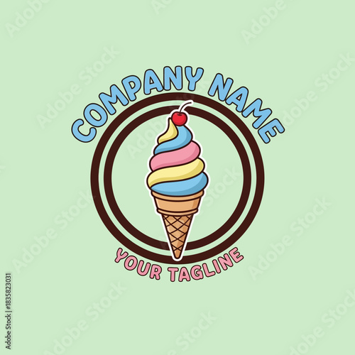 Cartoon soft serve ice cream cone logo with colorful swirls and a cherry on top.