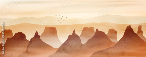 Landscape art background in brown tones with mountains, hills, and a canyon. Natural vector landscape for decor, prints, textiles, posters, wallpaper, and interior design.